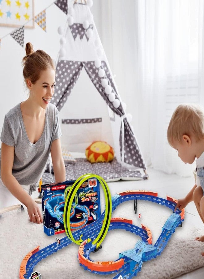 Avarin Race Car Track Set, Assembled Car Track Toys with 46 Pcs Building Kits, High Speed Glow Race Car Track Set with 360° Loop X-Type Crossing Track, Birthday for Kids 3+ (46 PCS) - Image 2